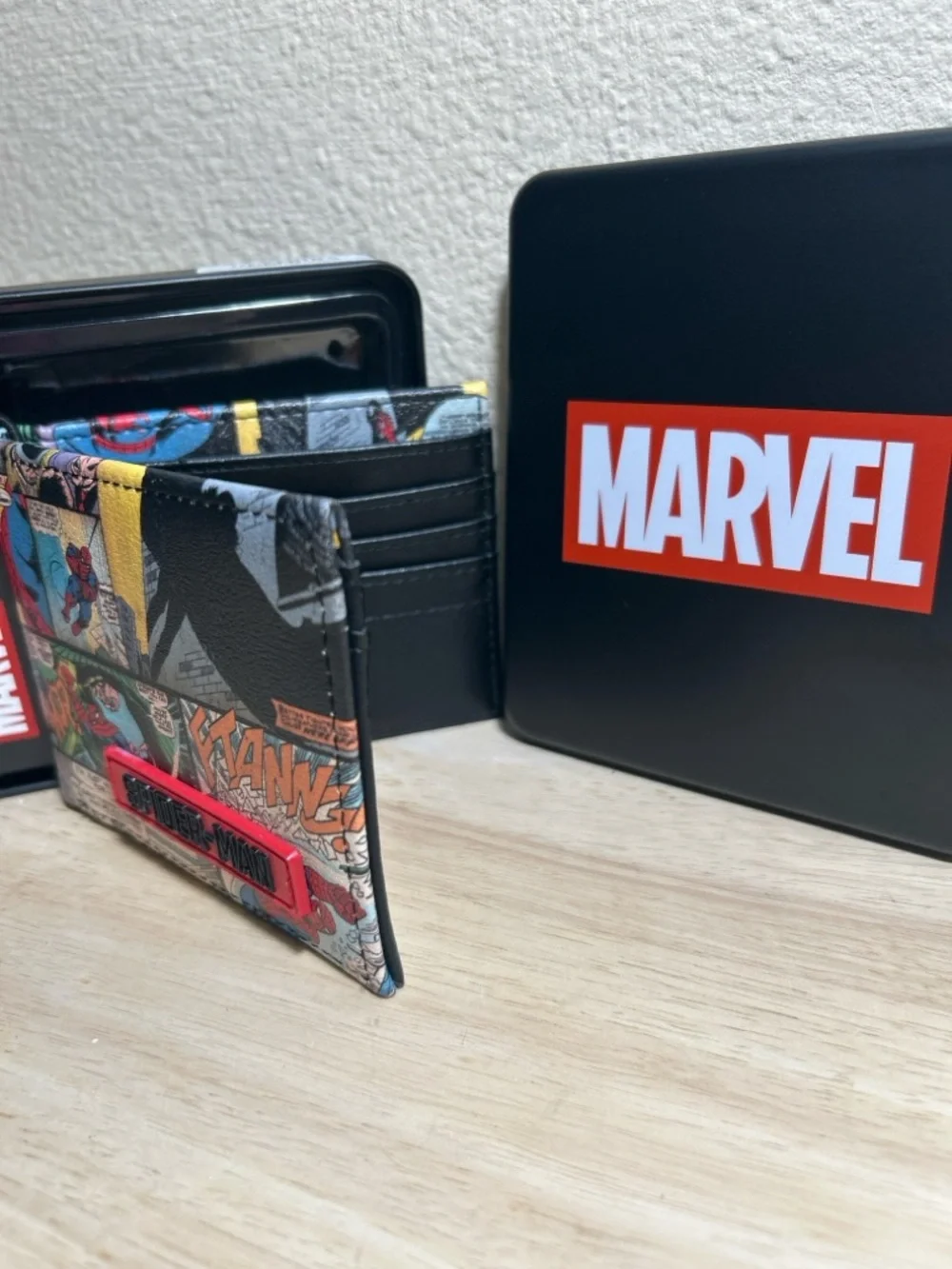 Marvel Spider-Man Comic Patch Bifold Wallet in Red, Yellow, Blue, Black